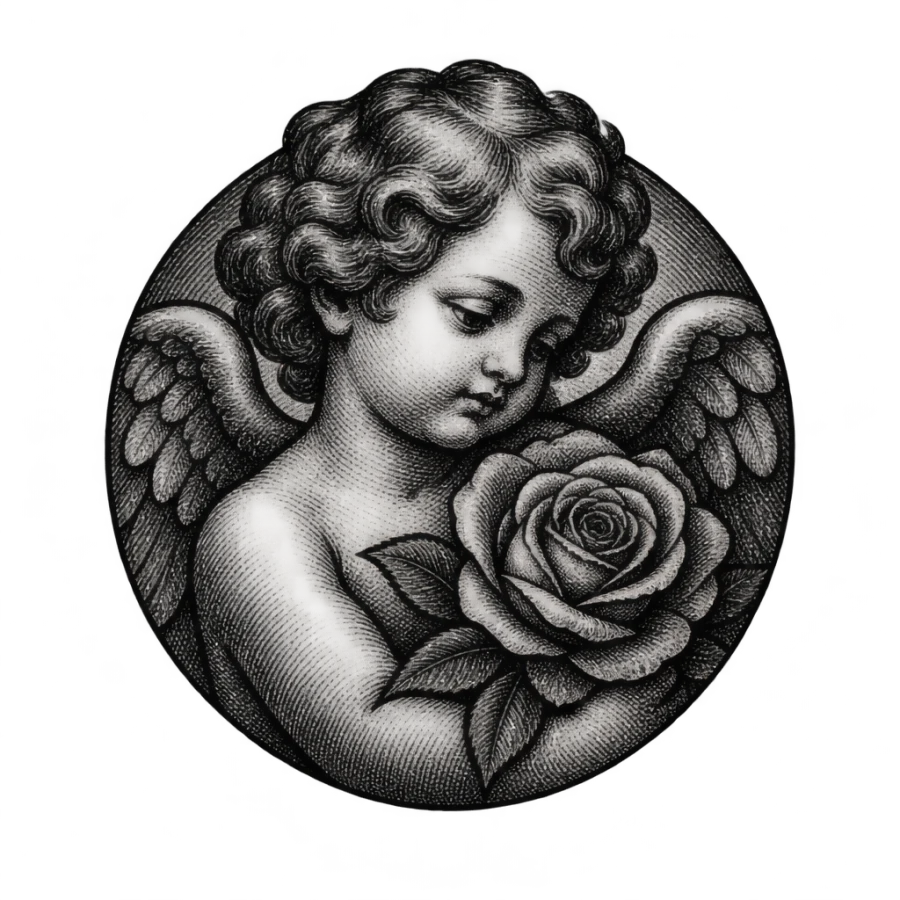 Engraved cherub angel tattoo design holding a rose inside a round medallion