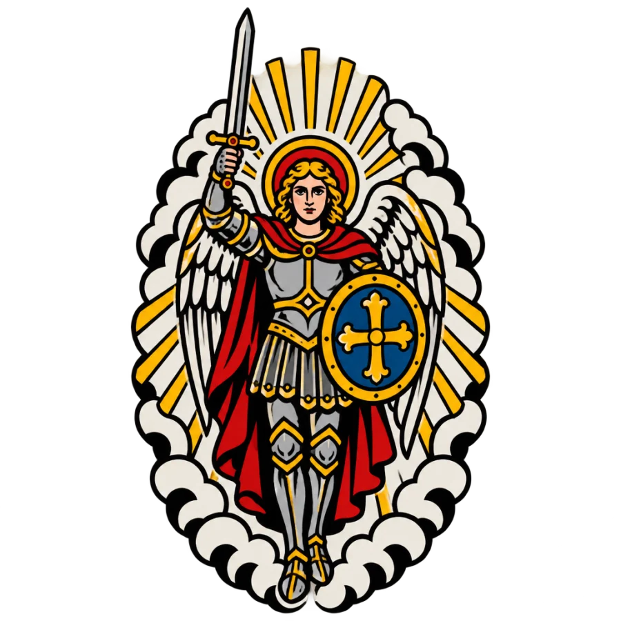American traditional archangel tattoo design with raised sword, shield and clouds