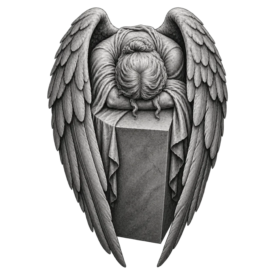 Black and grey realism tattoo design of a mourning angel over a stone