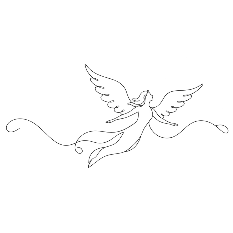 Single line angel tattoo design of an angel flying with a trailing ribbon