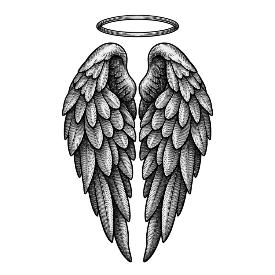Engraving style tattoo design of folded angel wings at rest beneath a halo