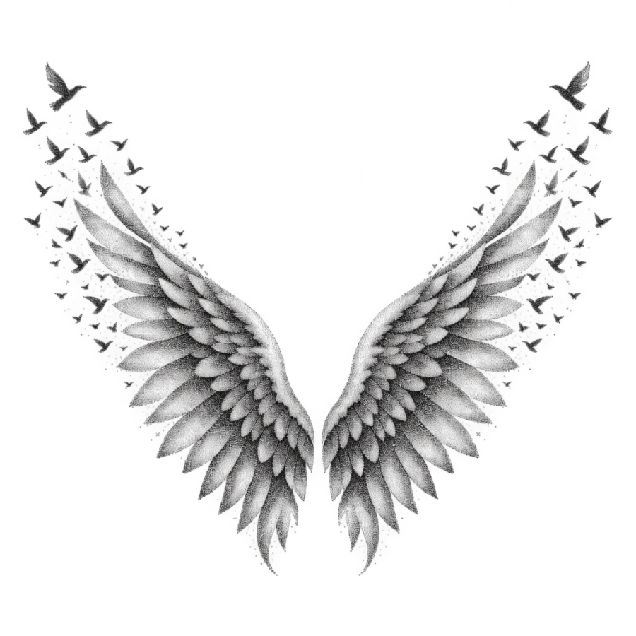 Dotwork stippled tattoo design of angel wings dissolving into a flock of birds