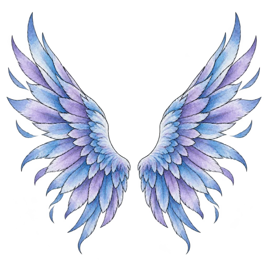 Watercolor angel wings tattoo design in soft blue and violet washes