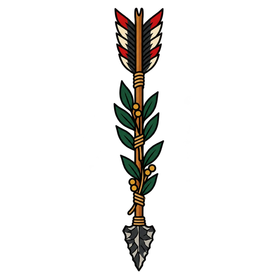 American traditional arrow tattoo with feathered fletching and a bound laurel sprig