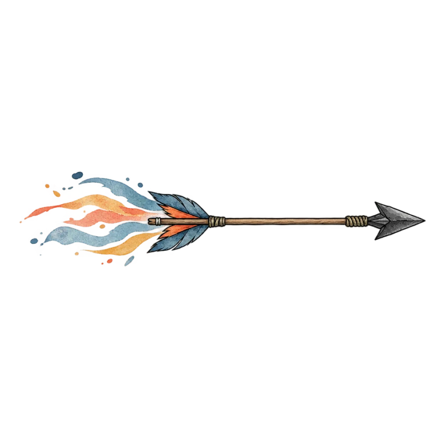 Watercolour tattoo of an arrow in flight with a trailing colour wash