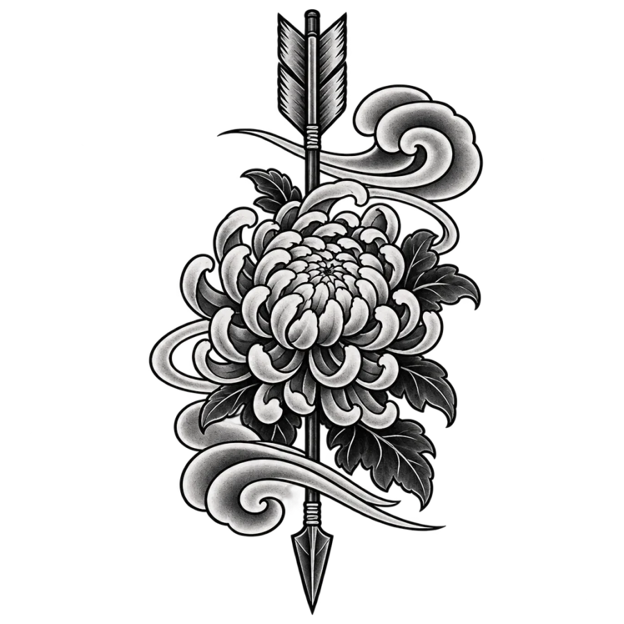 Japanese irezumi tattoo of an arrow behind a chrysanthemum with wind bars