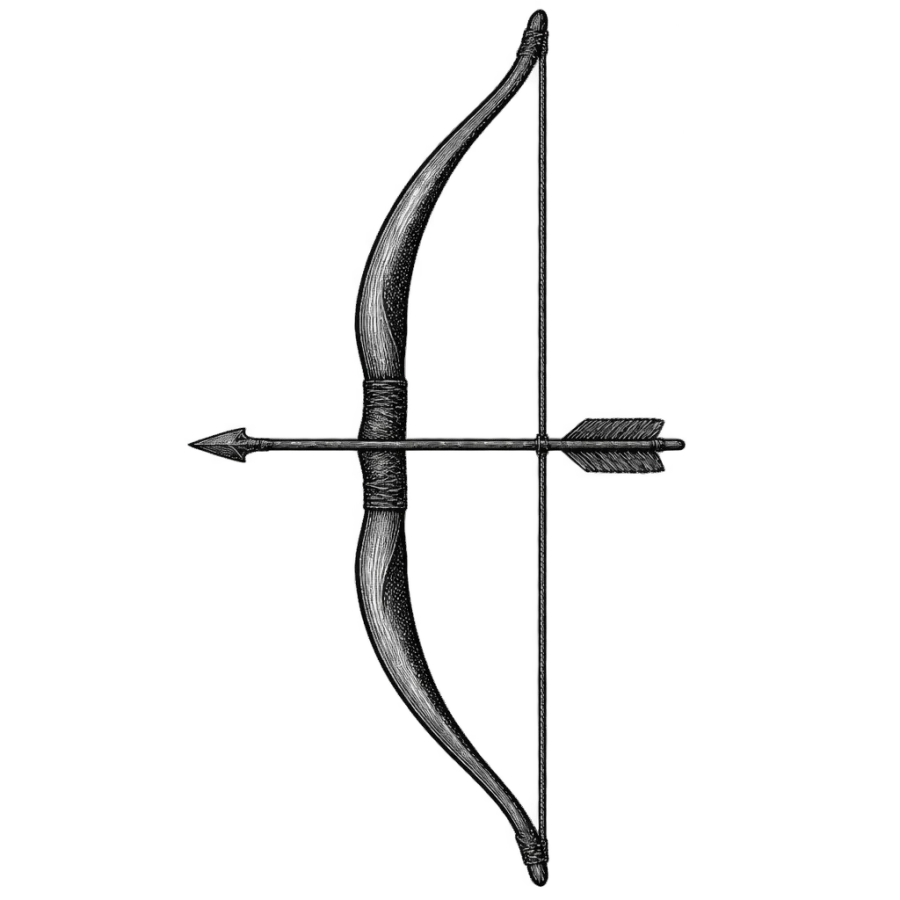 Engraved tattoo design of a drawn longbow with a single nocked arrow