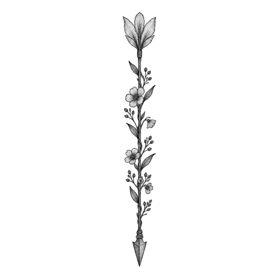 Fine line arrow tattoo built from a wildflower stem with petal fletching