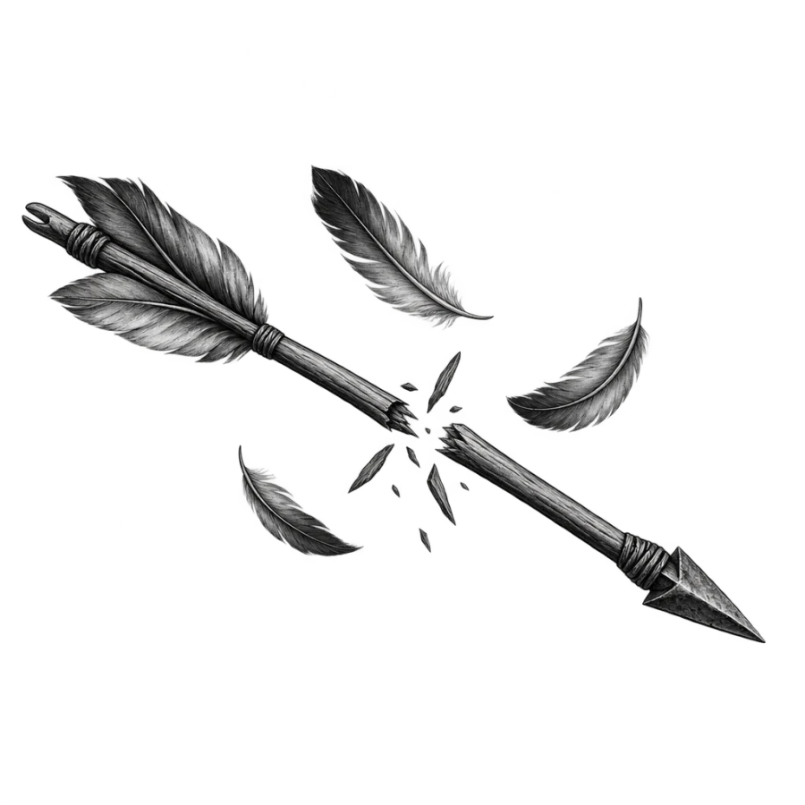 Black and grey realism tattoo of a broken arrow with drifting feathers