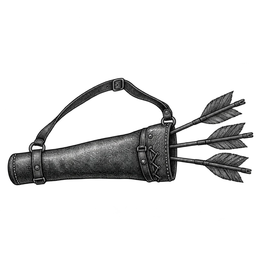 Woodcut engraving tattoo of a leather quiver holding three fanned arrows