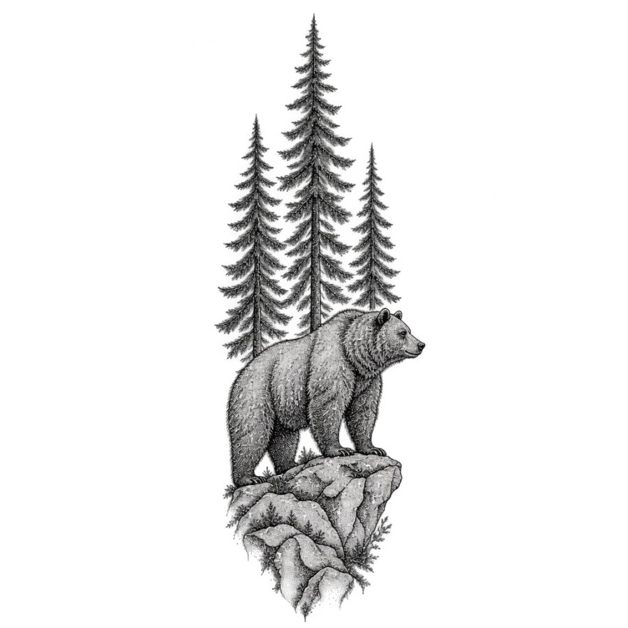 Fine line tattoo of a grizzly bear on a ledge with pine trees