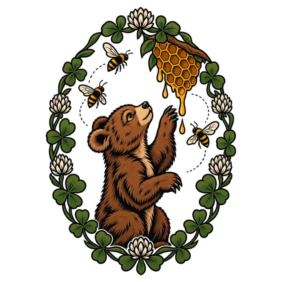 Neo traditional tattoo of a bear cub with a honeycomb and bees