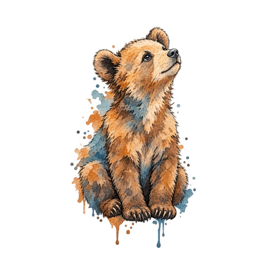 Watercolor tattoo of a bear cub with loose washes and drips