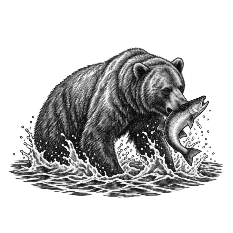 Engraving style tattoo of a bear catching a salmon in a river