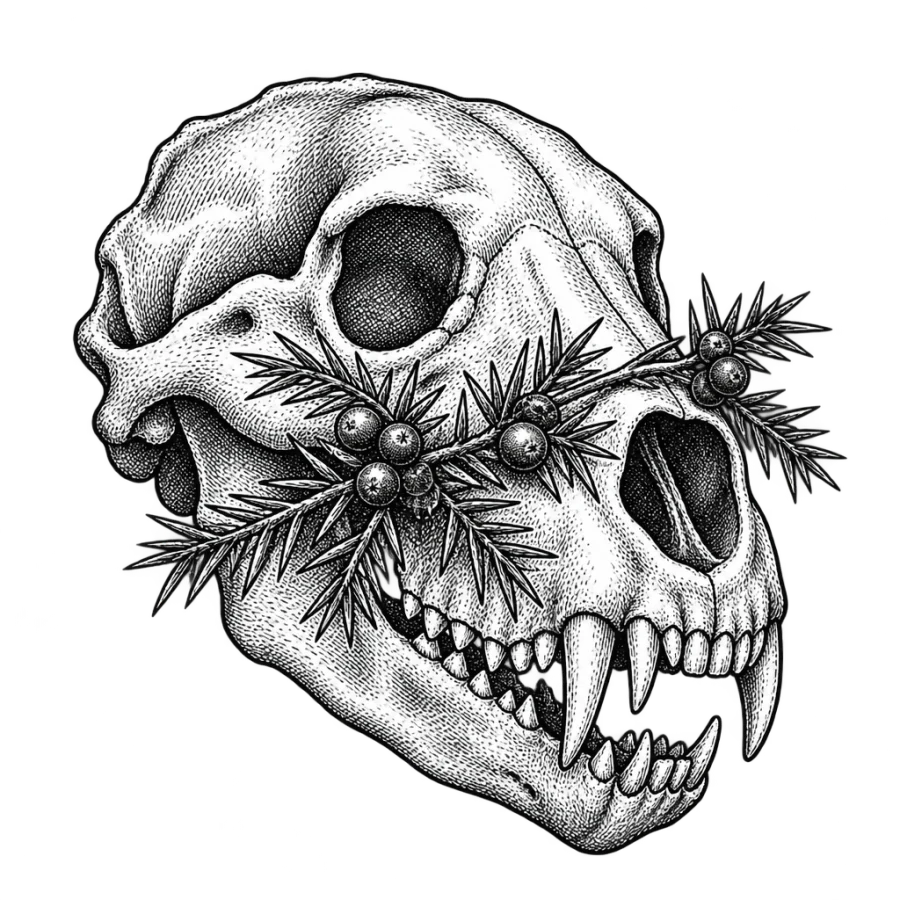 Engraved bear skull tattoo design with a juniper sprig across the muzzle