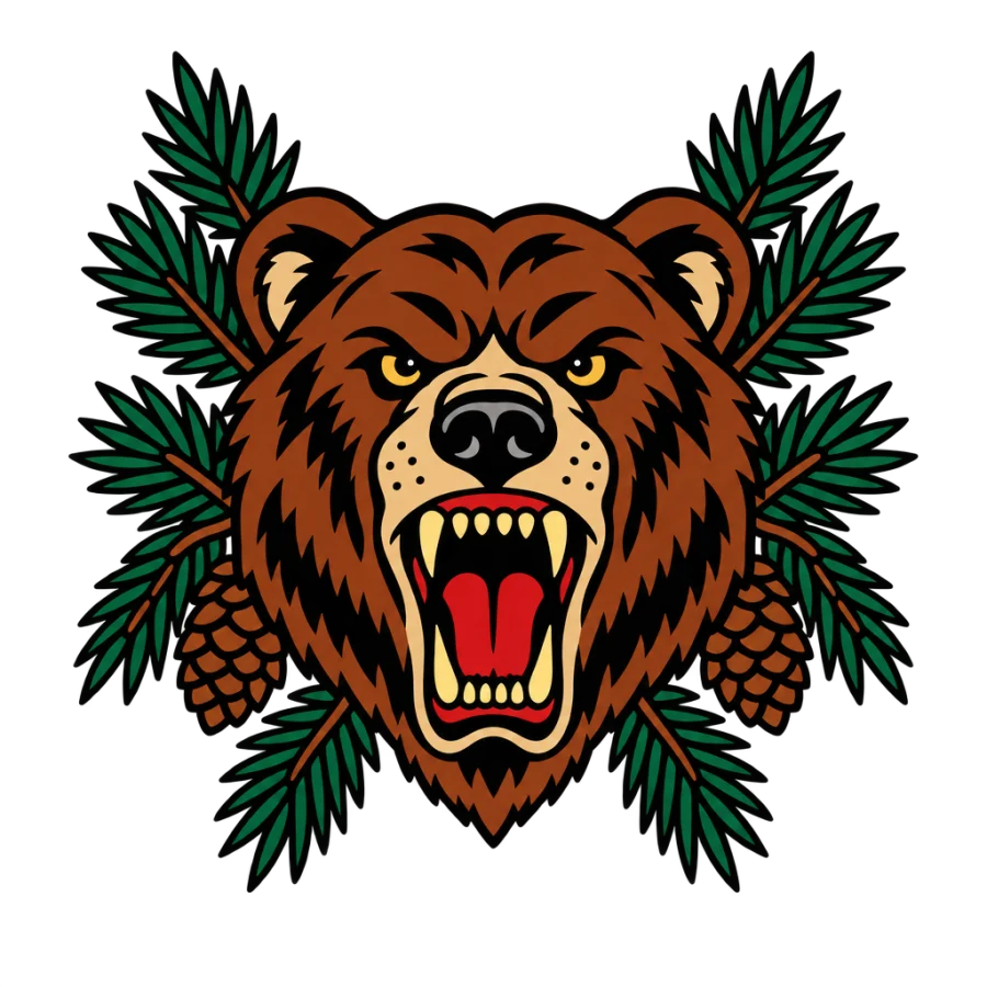 American traditional tattoo of a roaring bear head with pine branches