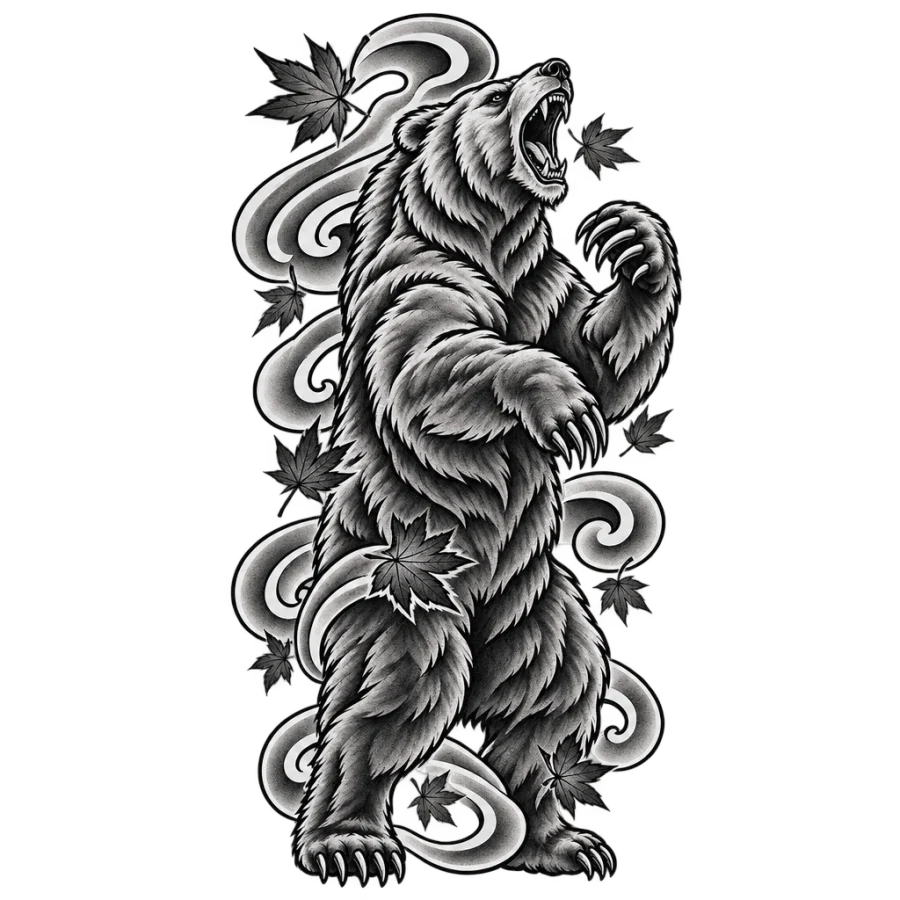 Japanese irezumi tattoo of a rearing bear with maple leaves and wind bars