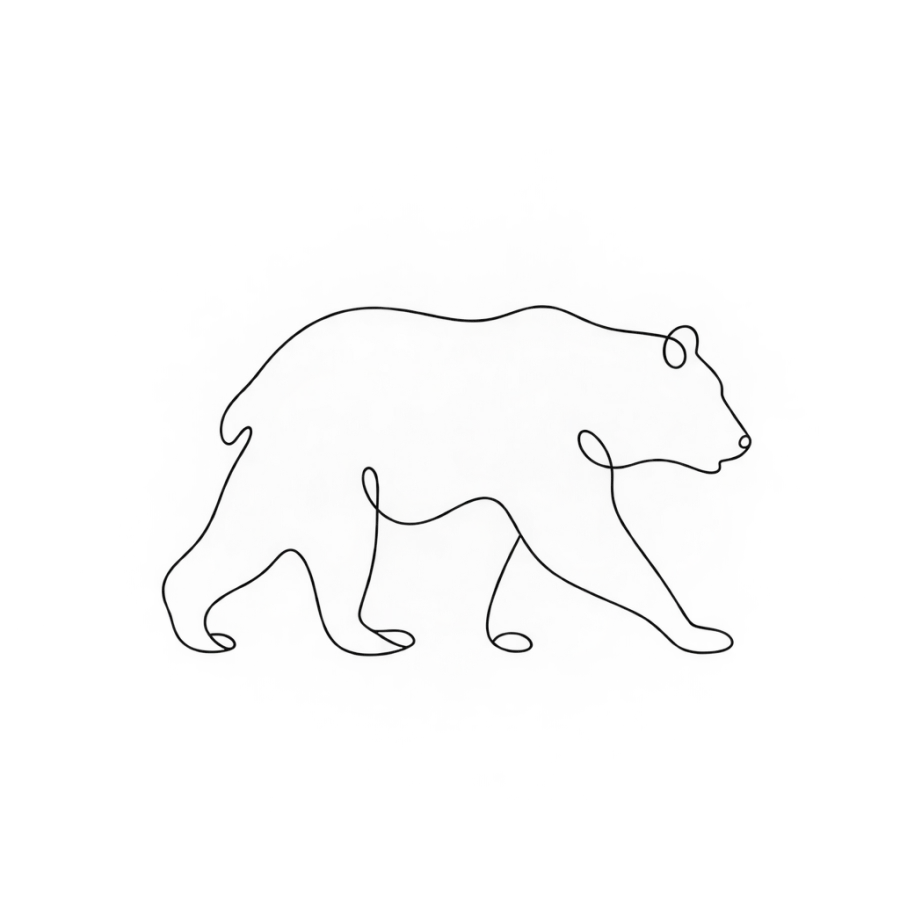 Minimalist single line tattoo of a bear walking in profile