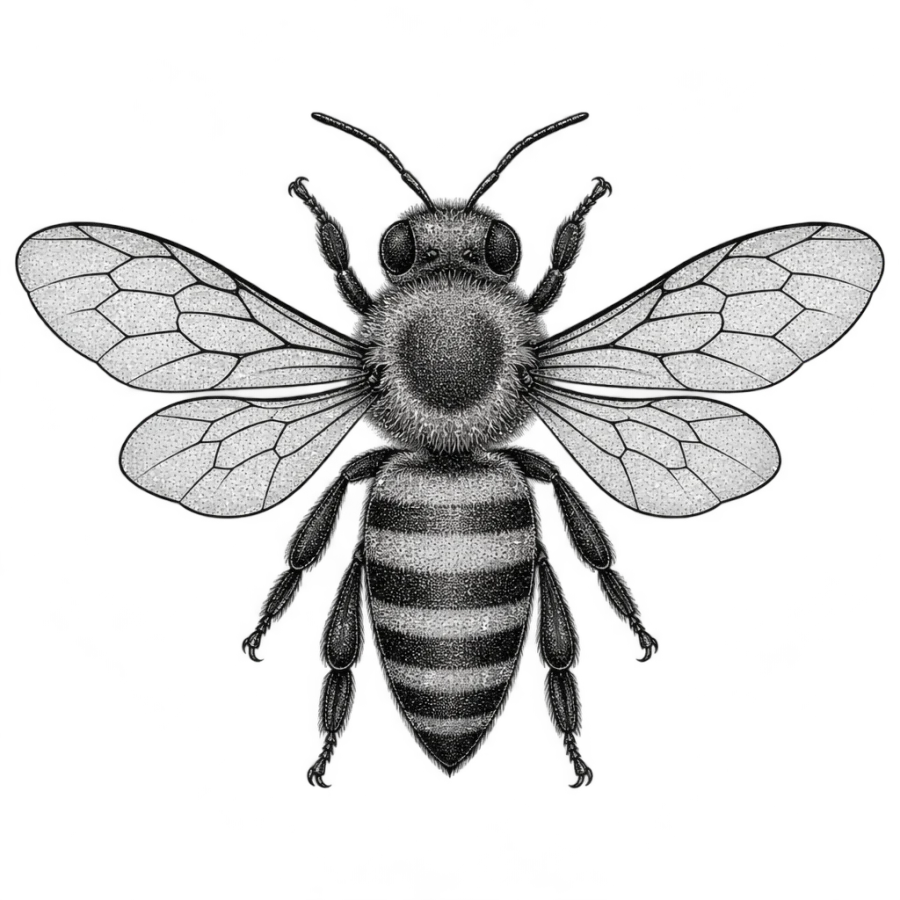 Fine line bee tattoo design of a honey bee from above with spread wings