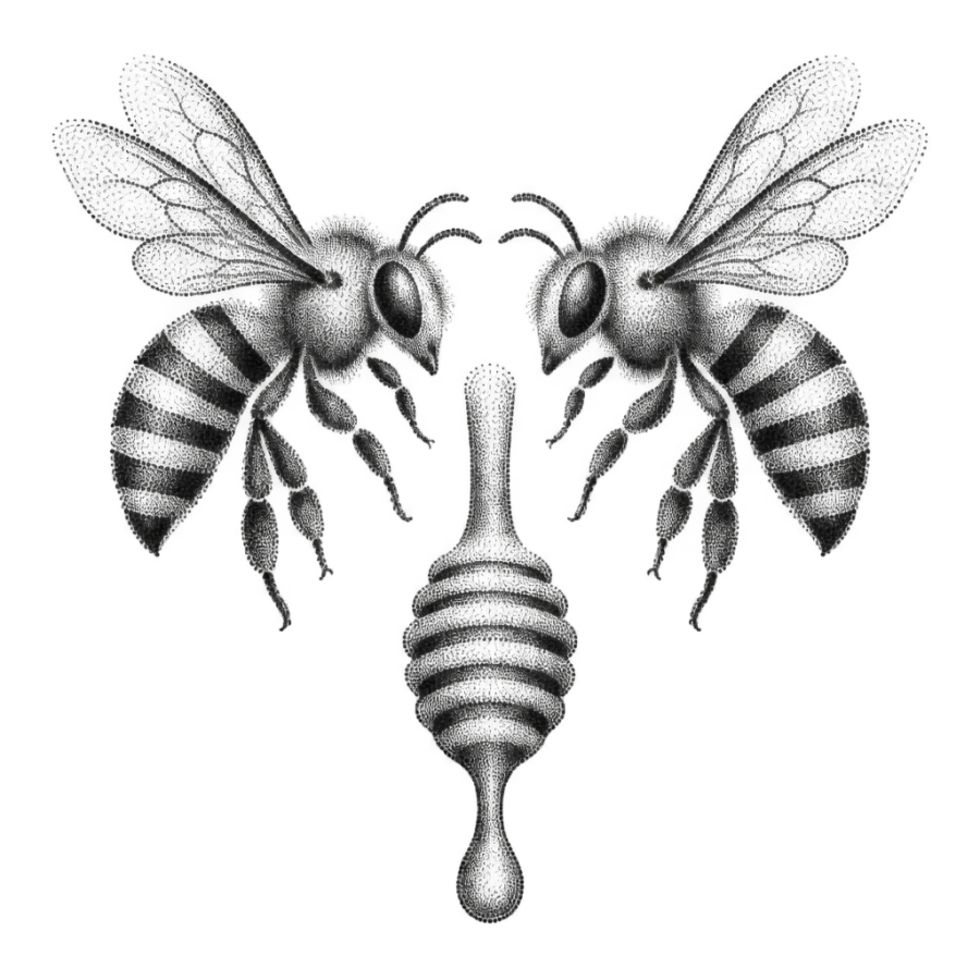 Dotwork bee tattoo design of a mirrored pair above a honey dipper