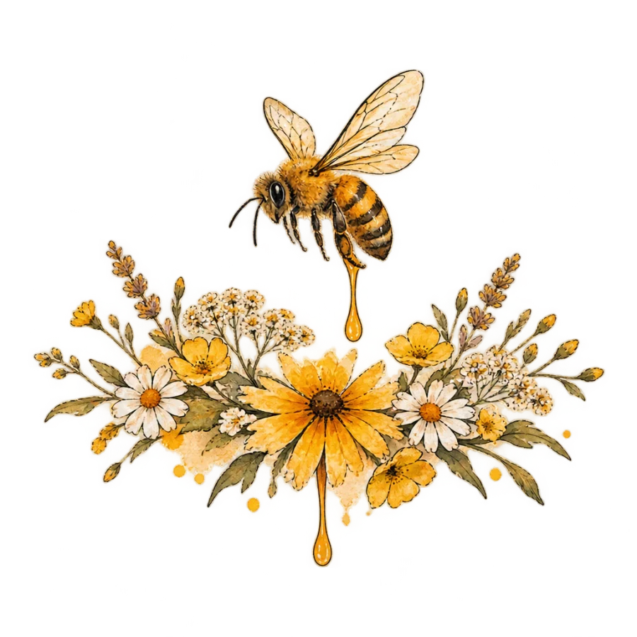 Watercolor bee tattoo design hovering over a wide wildflower spray