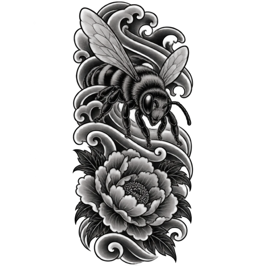 Japanese irezumi bee tattoo design with wind bars and an open peony