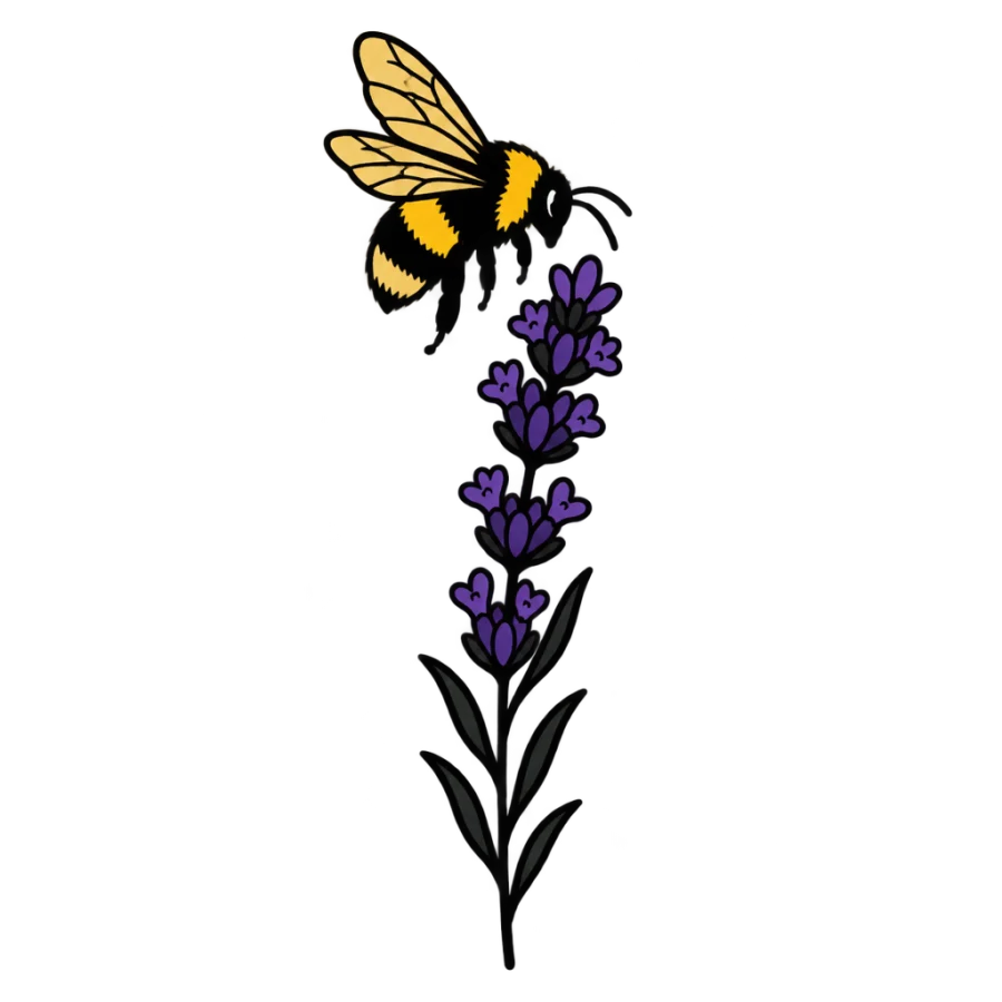 American traditional bee tattoo design flying toward a tall lavender sprig
