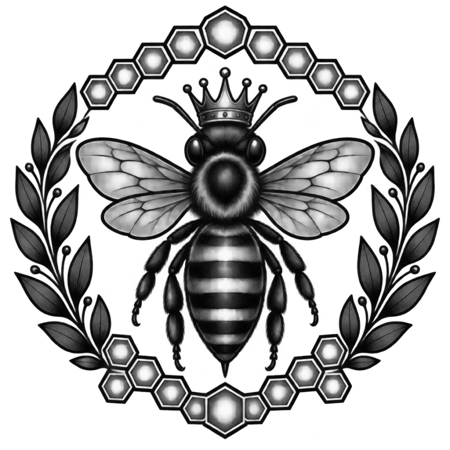 Neo traditional queen bee tattoo design crowned inside a hexagon and laurel frame