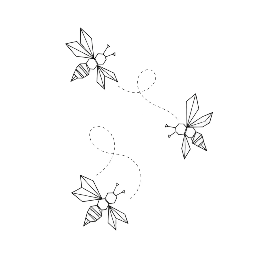 Geometric linework tattoo design of three bees in flight with dashed paths