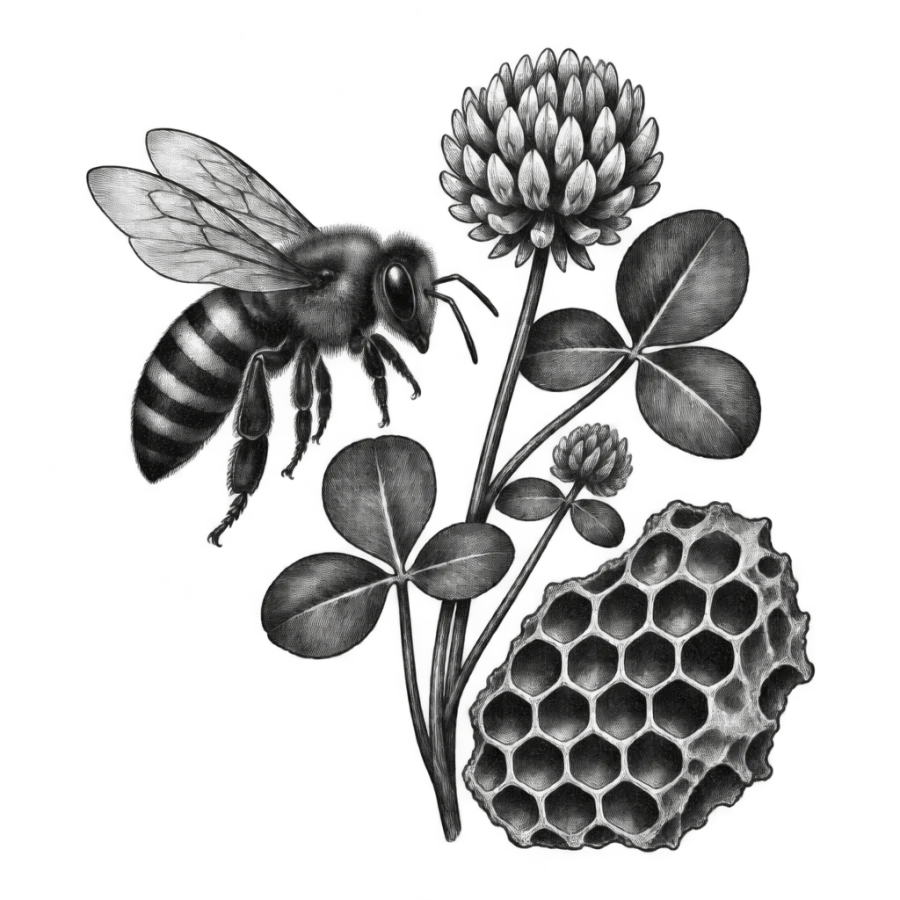 Engraved bee tattoo design on a botanical plate with clover and honeycomb