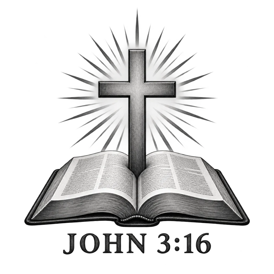 Black and grey Bible verse tattoo with open book, cross and John 3:16