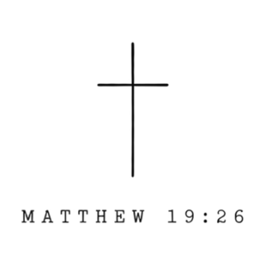Minimalist single line cross tattoo with the Matthew verse reference beneath
