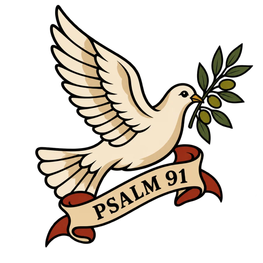 Neo traditional dove tattoo with olive branch and a Psalm 91 ribbon