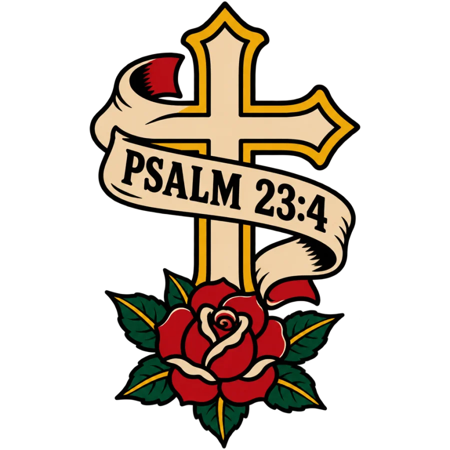 American traditional tattoo banner reading Psalm 23 4 across a rose cross