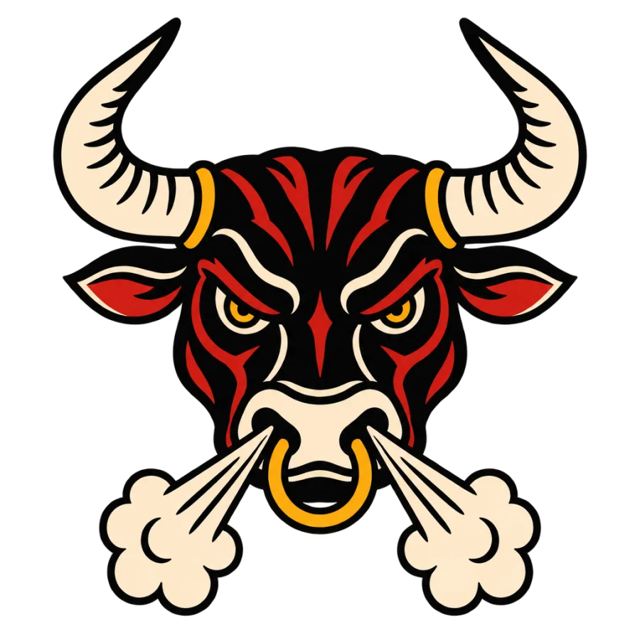 American traditional bull head tattoo design with heavy horns and nose ring