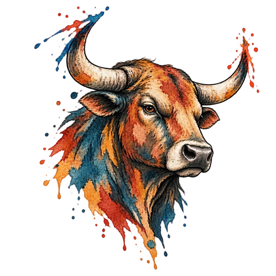 Watercolor bull head tattoo design with washes breaking off the mane