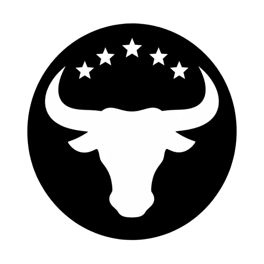 Negative space bull tattoo cut from a solid black disc with seven stars