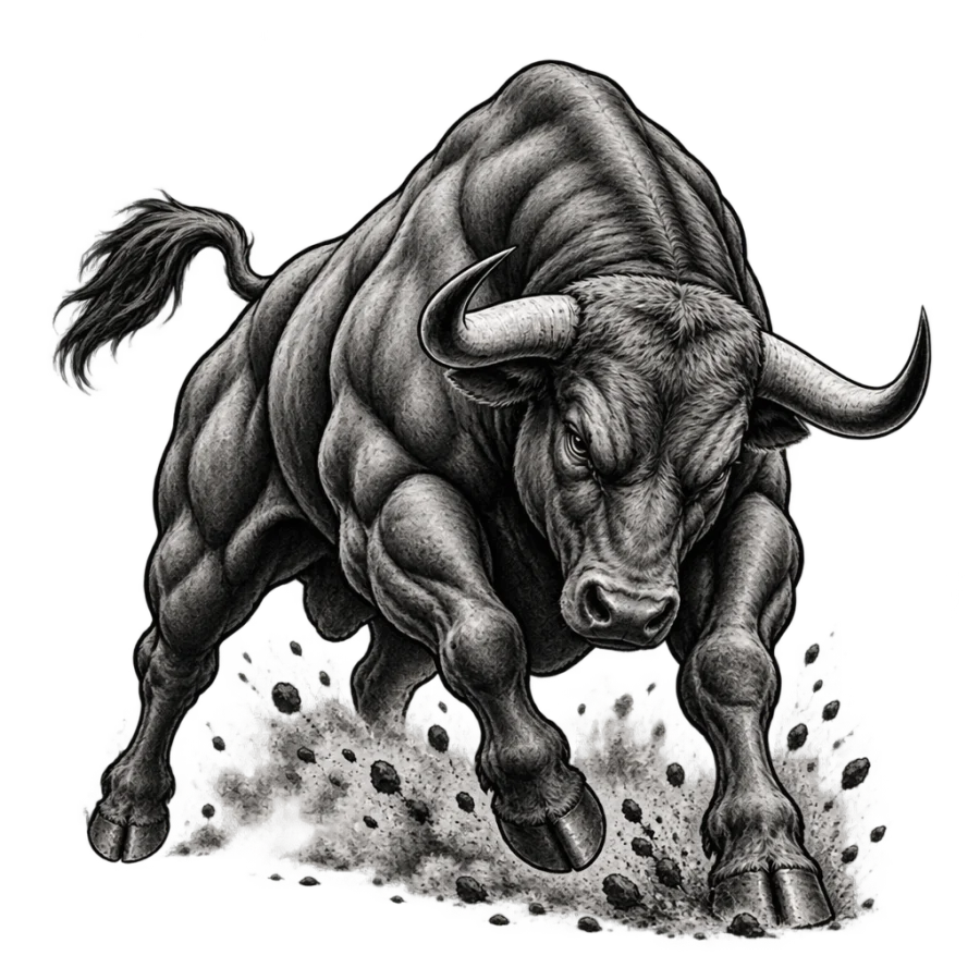 Black and grey realism bull tattoo design charging with its head lowered