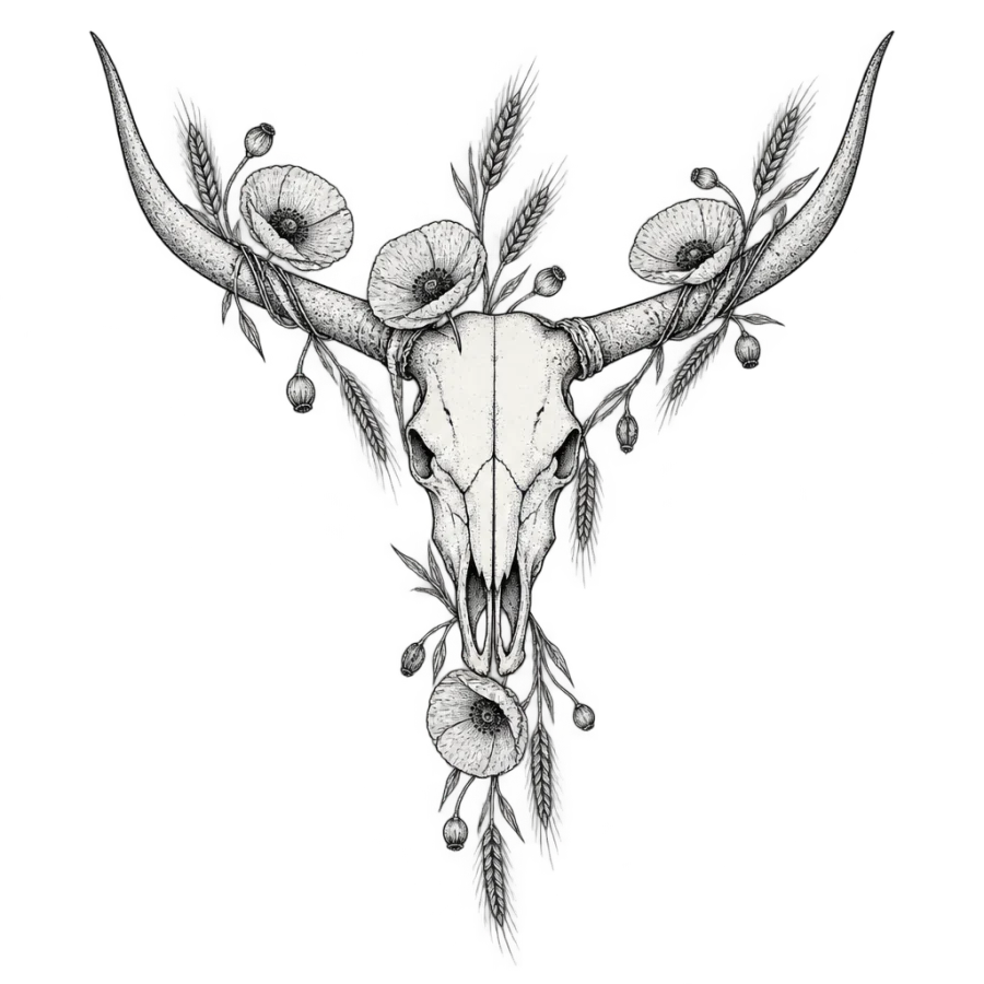 Fine line longhorn bull skull tattoo with poppies woven through the horns