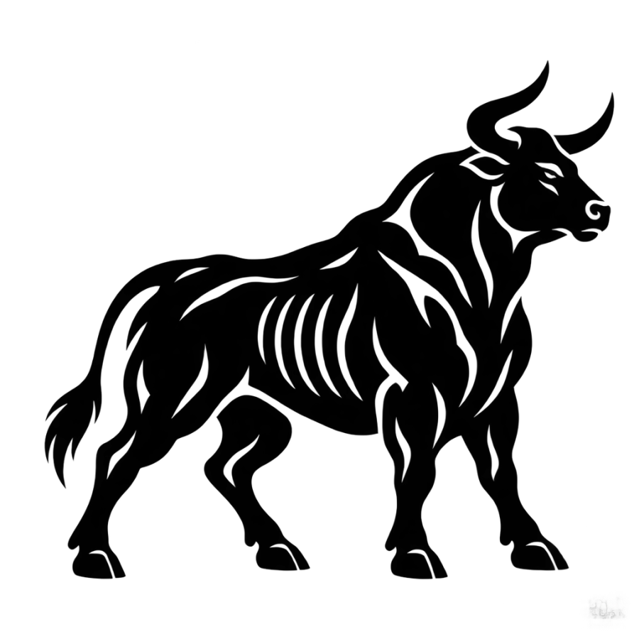 Blackwork bull tattoo silhouette in profile with muscle lines in negative space