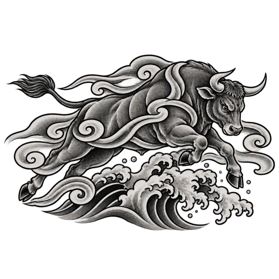 Japanese irezumi bull tattoo leaping over a wave among wind bars