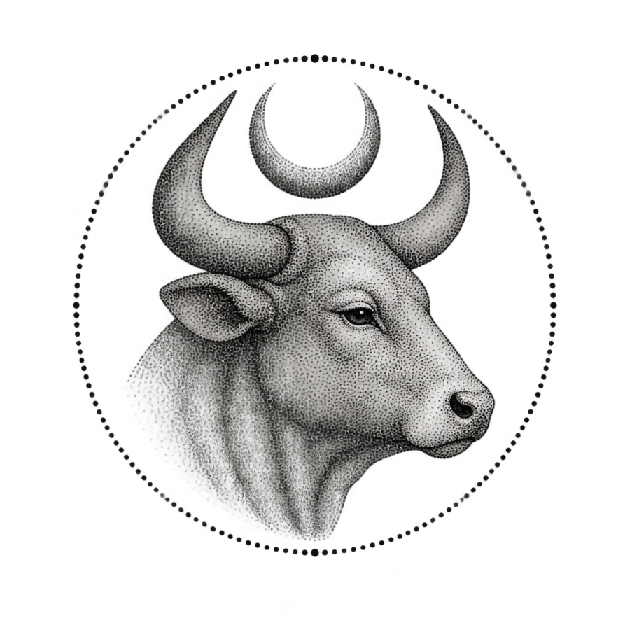 Dotwork bull head tattoo in a round medallion with a crescent moon