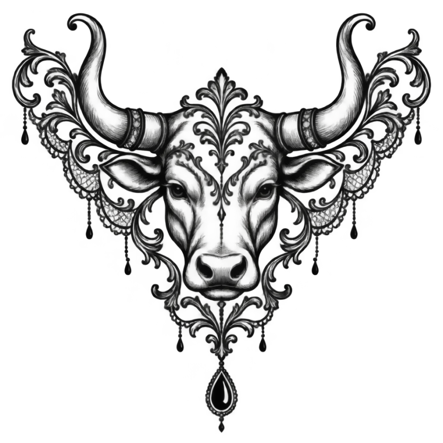 Ornamental filigree bull head tattoo with scrollwork horns and a pendant