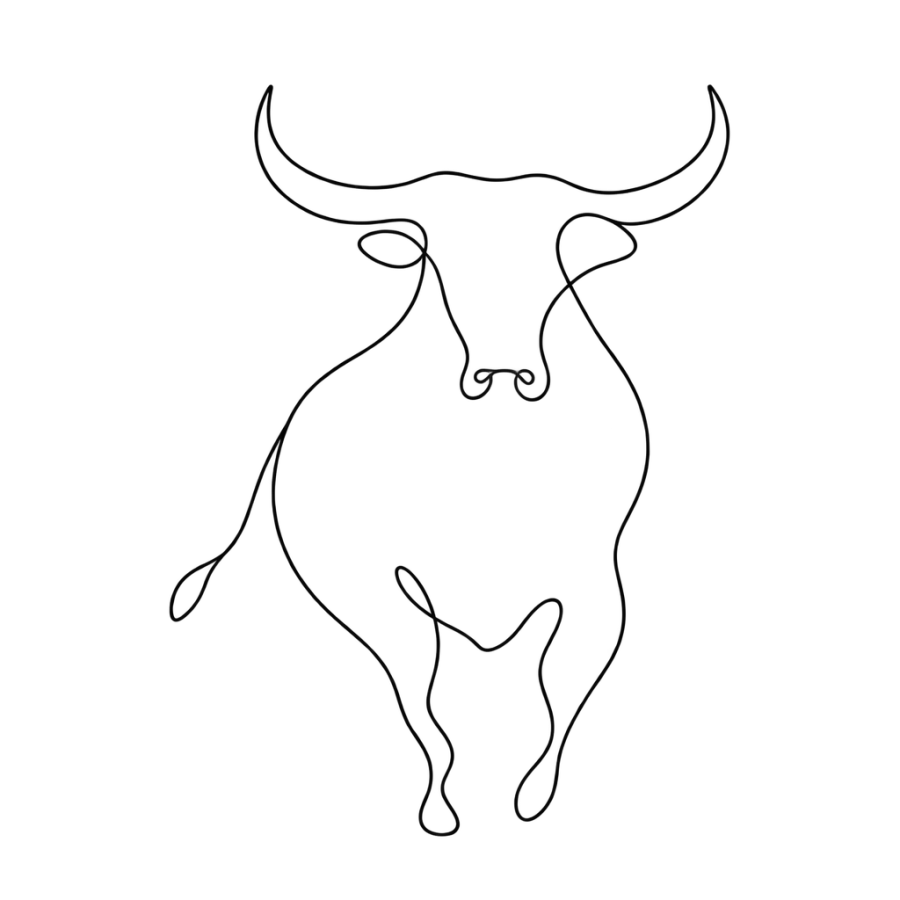 Minimalist single line bull tattoo design with long sweeping horns
