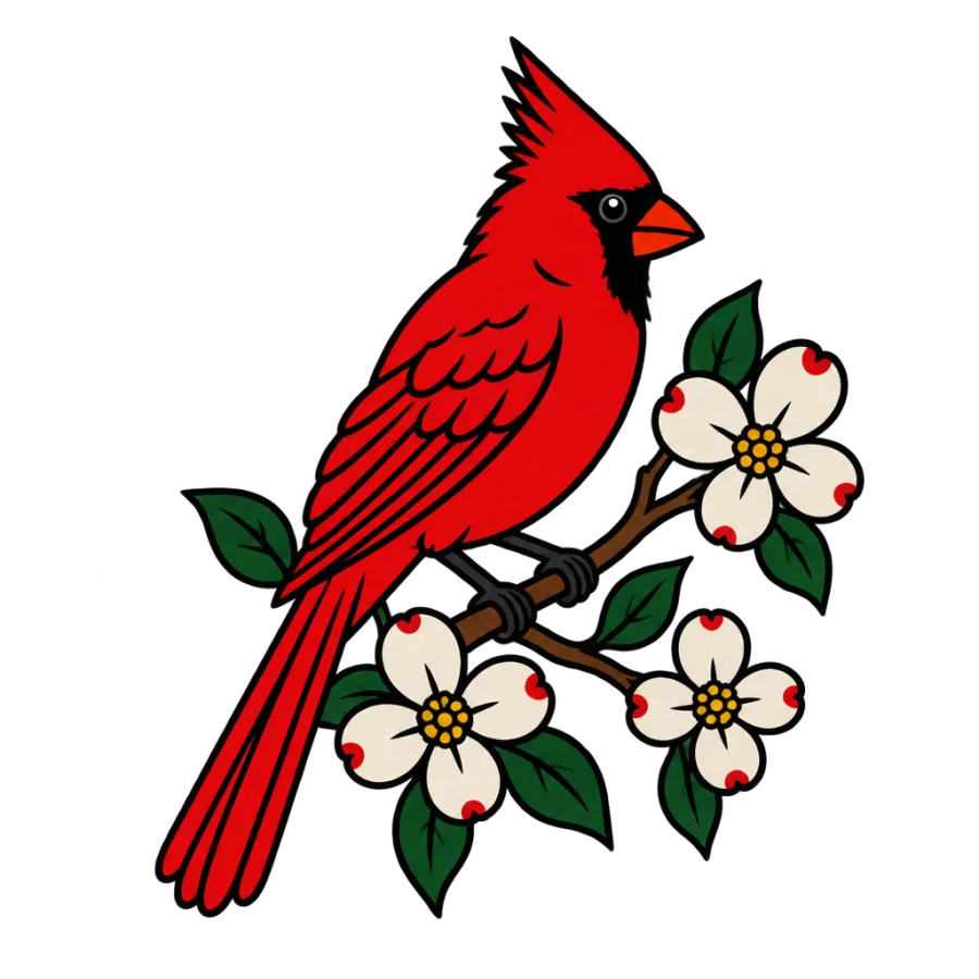 American traditional cardinal tattoo design perched on a dogwood branch