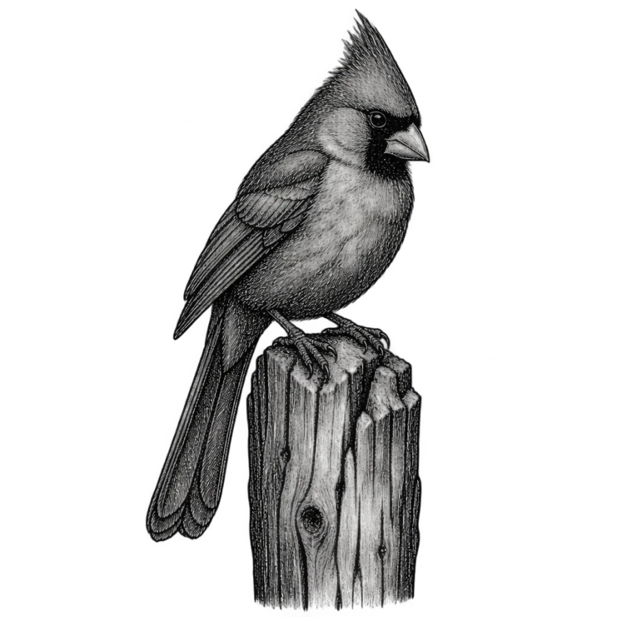 Engraved cardinal tattoo on a fence post with fine cross hatching