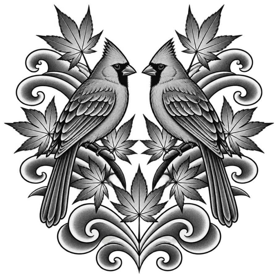 Japanese irezumi tattoo of two mirrored cardinals among maple leaves