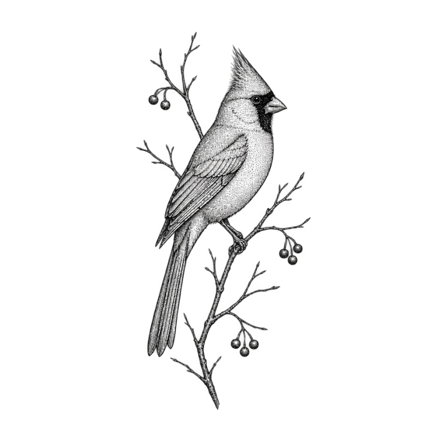 Fine line cardinal tattoo design perched on a bare winter twig
