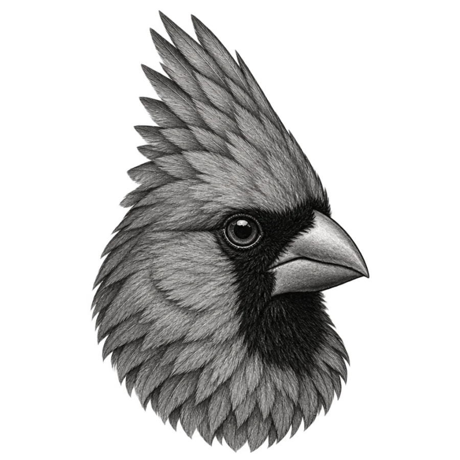 Black and grey realism cardinal head tattoo with soft feather shading