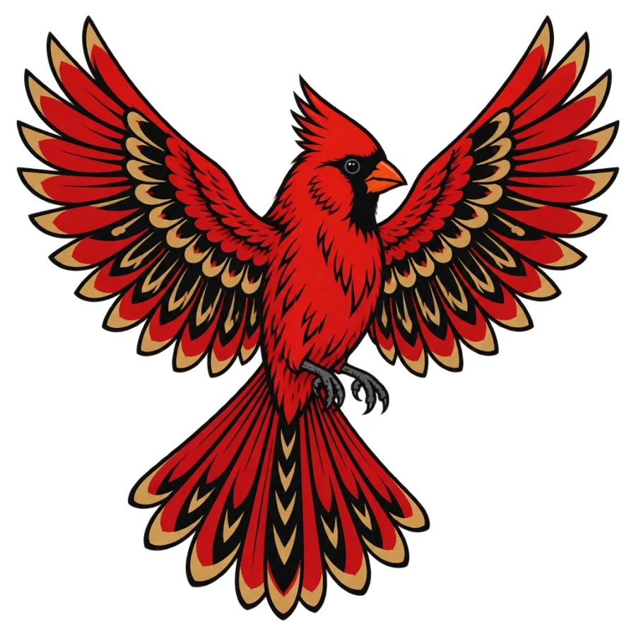 Neo traditional cardinal tattoo in flight with ornate patterned feathers